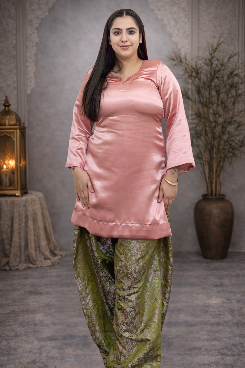 Elegant Peach Satin Kurta With Banarsi Salwar Set