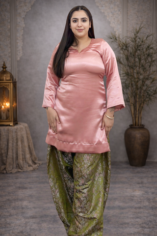 Elegant Peach Satin Kurta With Banarsi Salwar Set