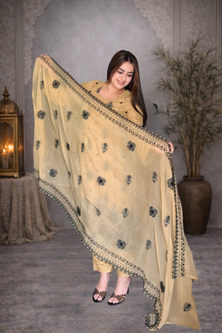 Mustard Suit With Pure Handwork on Shirt And Dupatta