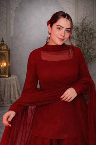 Elegant Deep Red Sharara Suit Set