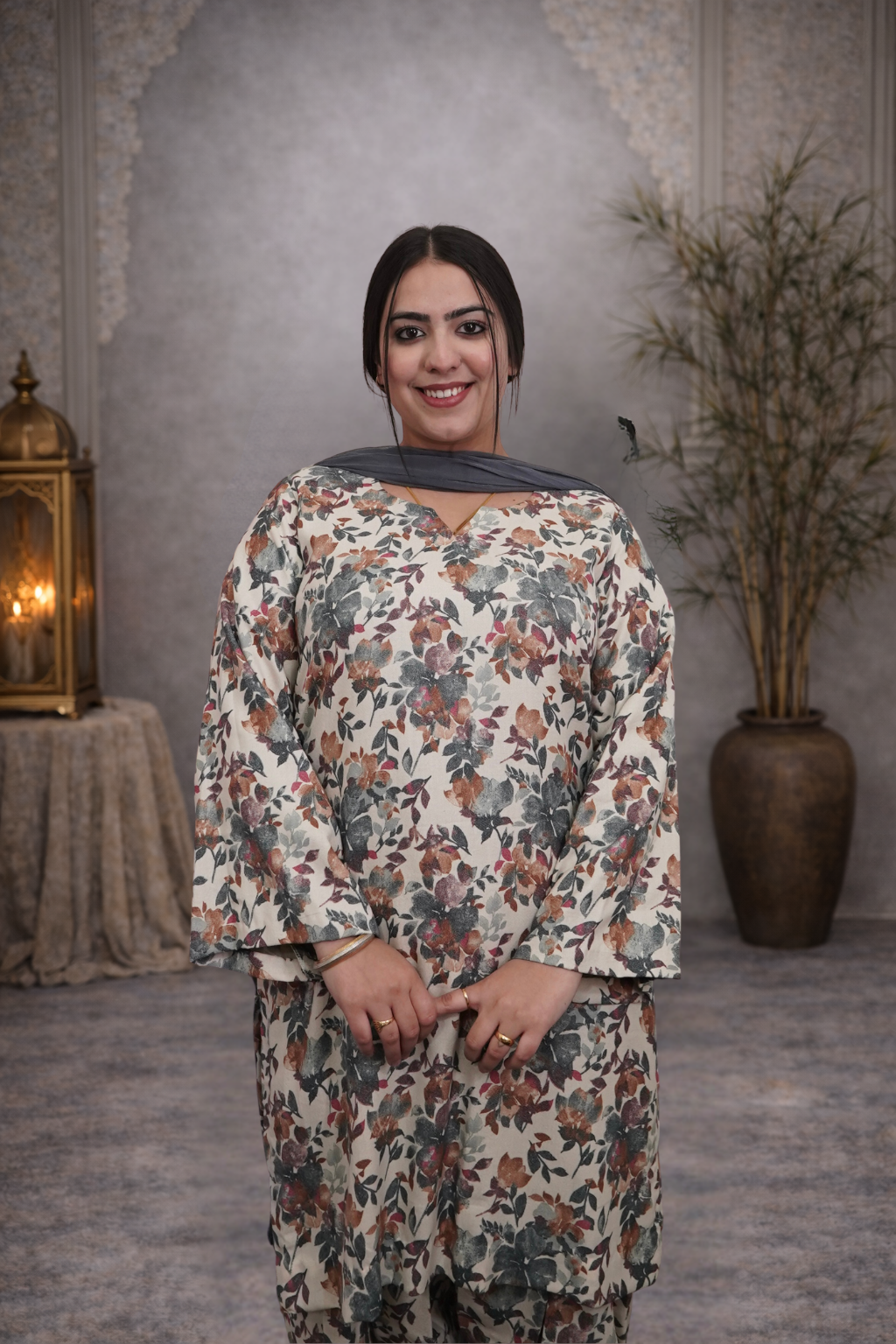 Pashmina Printed All Over Suit With Farshi Salwar And Plane Dupatt