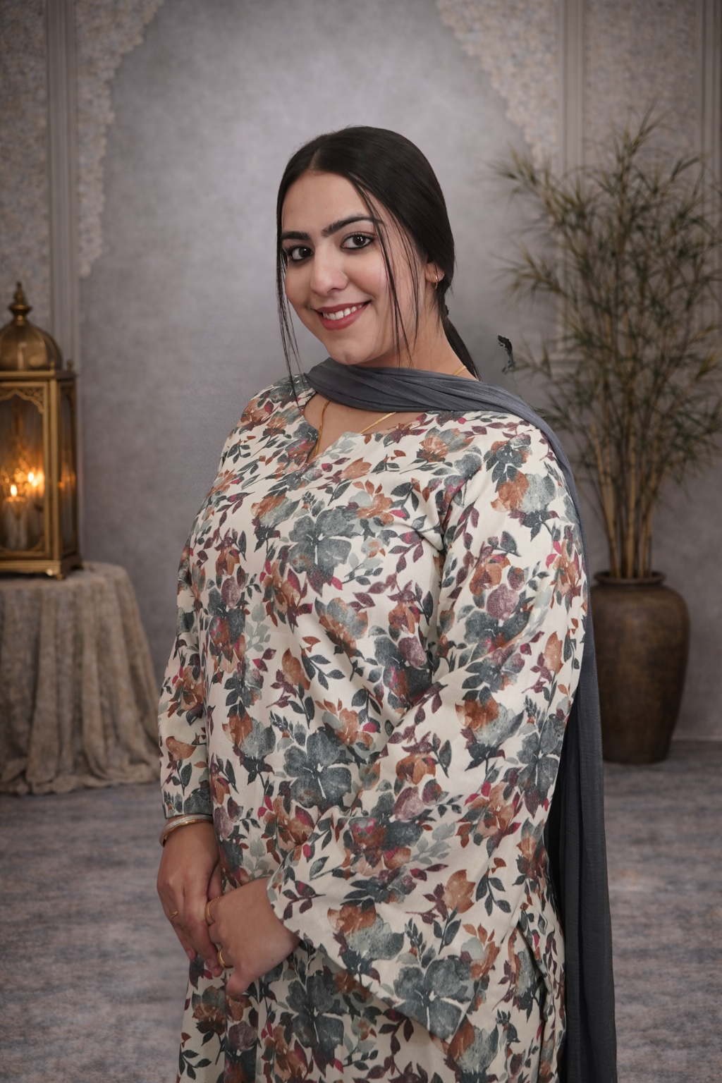 Pashmina Printed All Over Suit With Farshi Salwar And Plane Dupatt