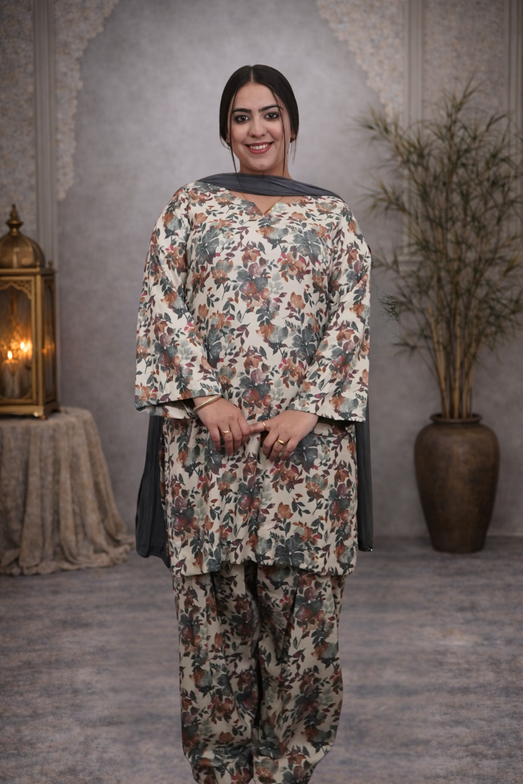 Pashmina Printed All Over Suit With Farshi Salwar And Plane Dupatt