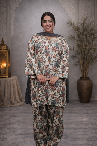 Pashmina Printed All Over Suit With Farshi Salwar And Plane Dupatt