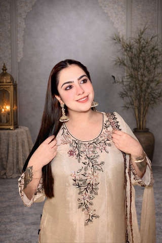 Beige Handwork Embroidery Suit With Work Dupatta