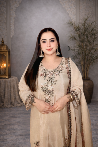 Beige Handwork Embroidery Suit With Work Dupatta