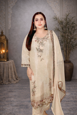 Beige Handwork Embroidery Suit With Work Dupatta